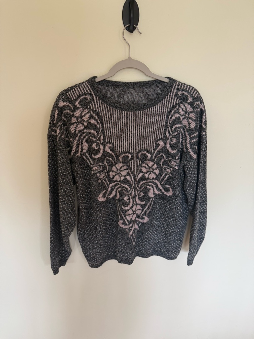 Gray and Pink Floral Knit Sweater - Women's Crewneck
